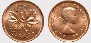 1 cent 1955-SF -Hanging 5 Elizabeth II coin