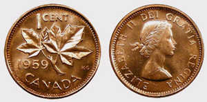 1 cent 1959-Hanging 9 Elizabeth II coin