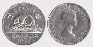 5 cents 1957-Bug tail Elizabeth II coin