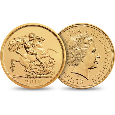 The 2013 Gold Brilliant Uncirculated Euro 5 Sovereign coin
